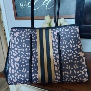 Gold & Black Stripe Leopard Grain Neoprene Tote